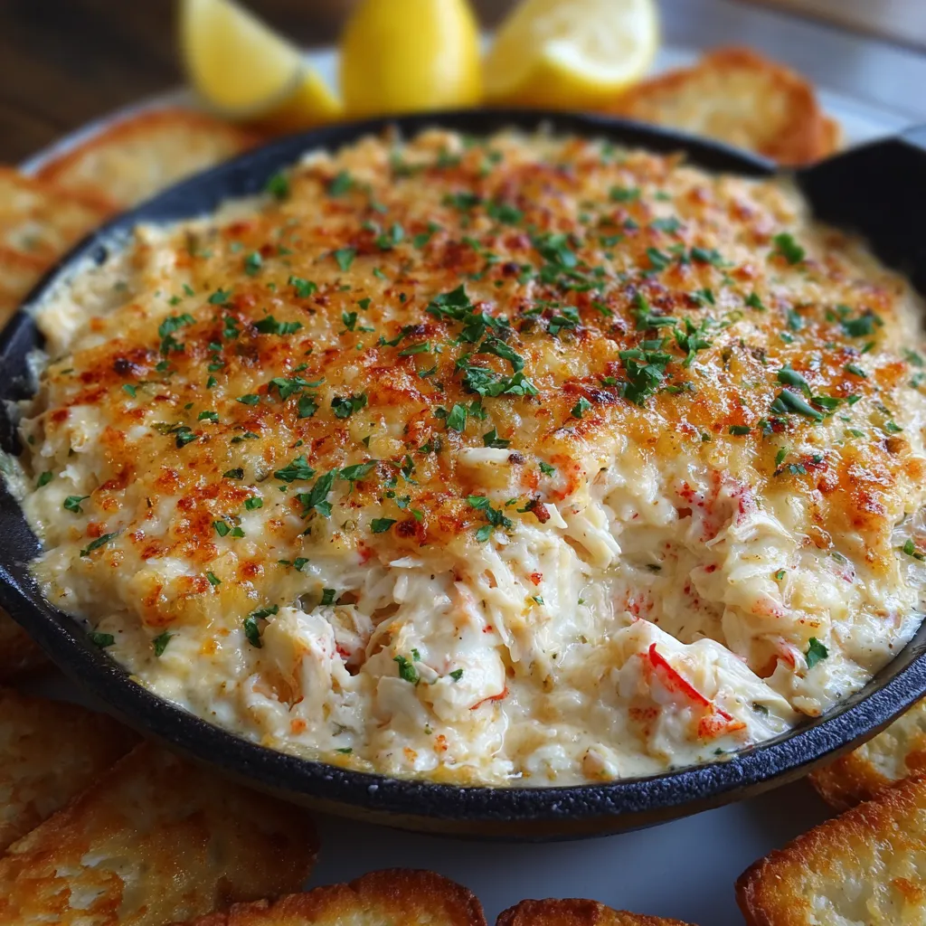 Hot crab dip in cast iron skillet with melted cheese and green onions on top