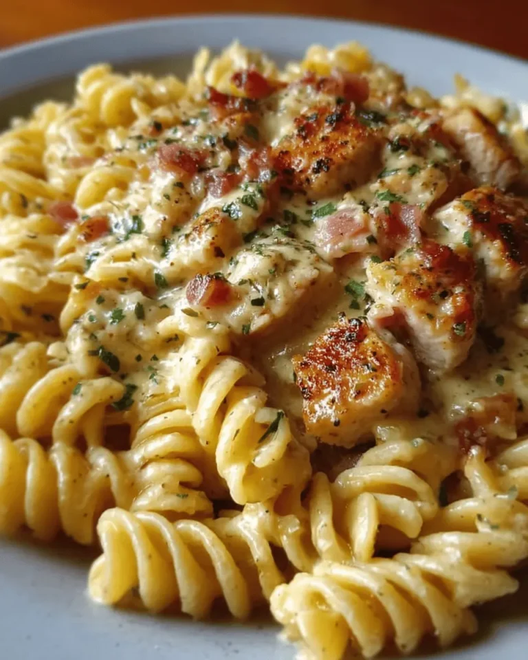 Creamy Garlic Butter Turkey Bacon, Chicken Ham & Rotini in Parmesan Sauce