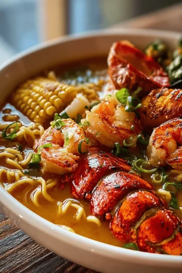Southern Seafood Boil Ramen with Garlic Butter Broth & Lobster Tail