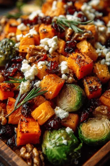 Caramelized Butternut Squash, Carrots, Brussels Sprouts & Sweet Potato with Feta, Walnuts & Cranberry‑Honey Glaze