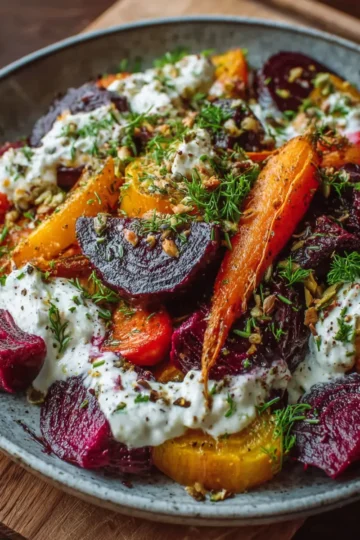 Roasted Beet and Carrot Salad with Feta and Garlic Yogurt Sauce