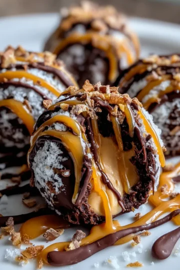 Chocolate Peanut Butter Snowballs with Caramel Drizzle