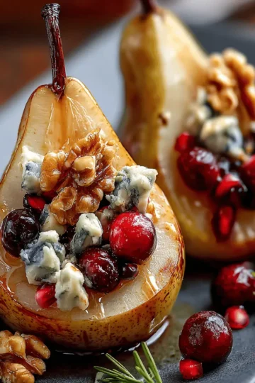 Baked Pears with Berries, Honey, Walnuts & Blue Cheese