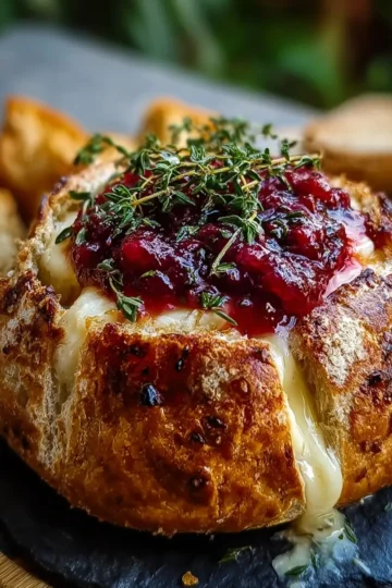 Baked Brie in Bread Bowl with Cranberry Sauce and Thyme