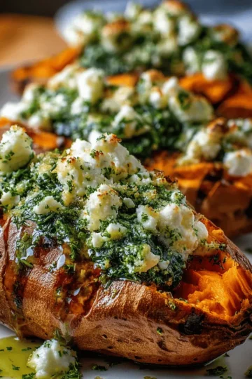 Spinach & Ricotta Stuffed Sweet Potatoes with Herb Drizzle