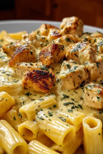 Creamy Chicken Bites and Rigatoni in Cheddar Parmesan Garlic Cream