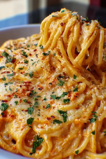 CHEESY SPAGHETTI IN GARLIC PARMESAN & CREAM CHEESE TOMATO SAUCE