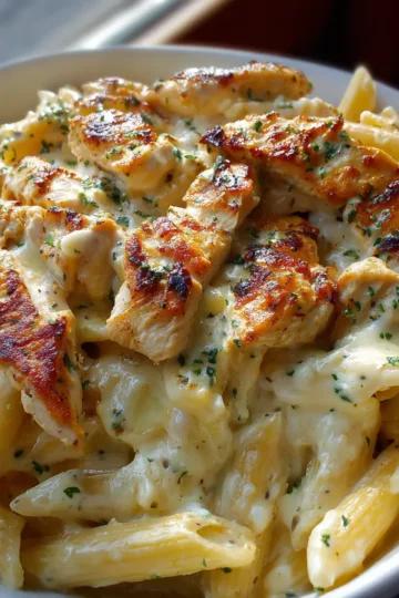 Garlic Butter Chicken Penne in Cheesy Mozzarella Alfredo