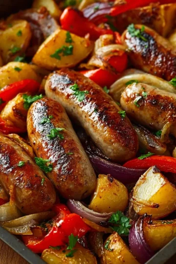 One-Pan Roasted Sausages with Potatoes, Peppers & Onions