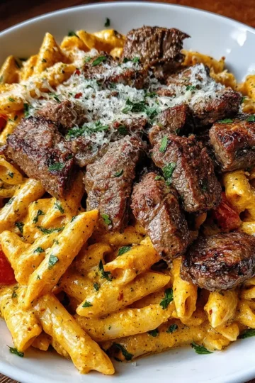 Cajun Steak Tips in Cheesy Penne Parmesan Sauce