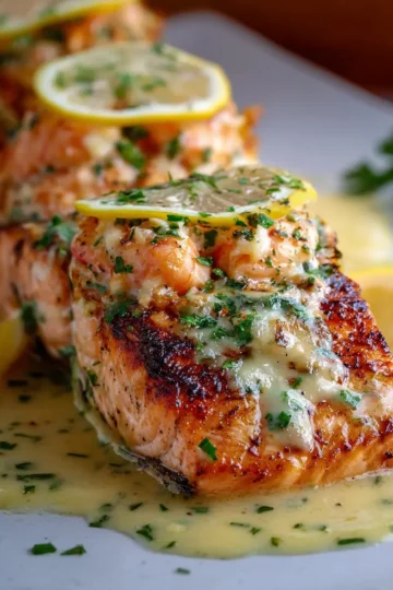 Shrimp-Stuffed Salmon with Lemon Garlic Butter Sauce