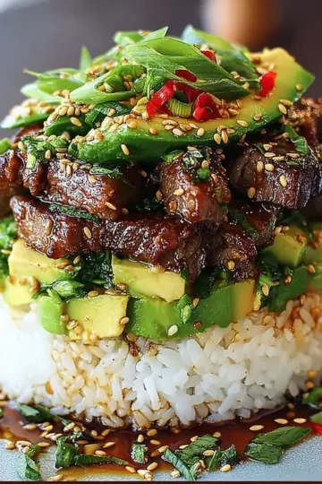 Teriyaki Beef and Avocado Rice Stack