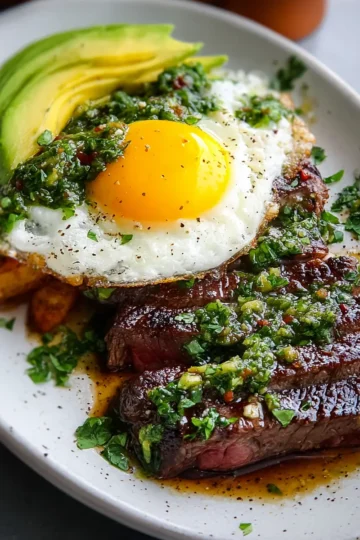 Strip Steak with Fried Eggs, Avocado & Chimichurri