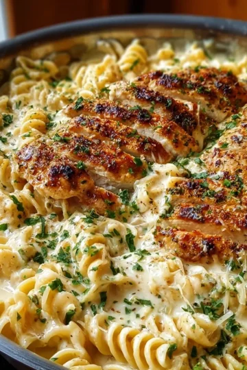 Garlic Parmesan Chicken Twisted Pasta in Creamy Alfredo
