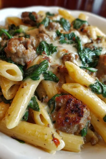 Creamy Garlic Butter Beef Penne with Sausage and Spinach