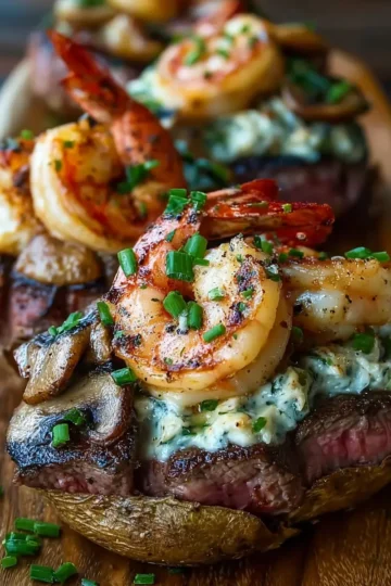 Steak, Shrimp & Mushroom Loaded Baked Potatoes
