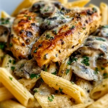 Creamy Garlic Mushroom Chicken with White Cheddar Parmesan Penne