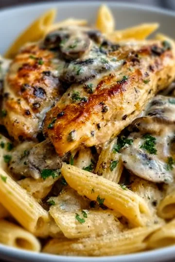 Creamy Garlic Mushroom Chicken with White Cheddar Parmesan Penne
