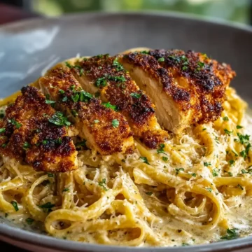 Crispy Garlic Parmesan Chicken with Creamy Asiago Linguine