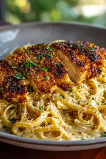 Crispy Garlic Parmesan Chicken with Creamy Asiago Linguine