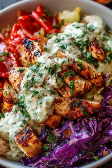 Mediterranean Chicken Bowls with Roasted Red Peppers, Cabbage & Ginger Tahini