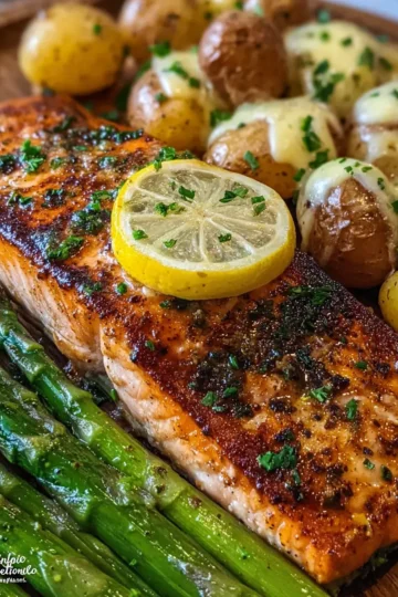 Ultimate Garlic Butter Salmon with Crispy Baby Potatoes & Cheesy Asparagus