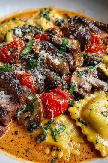 Creamy Tomato Mushroom Ravioli with Seared Steak
