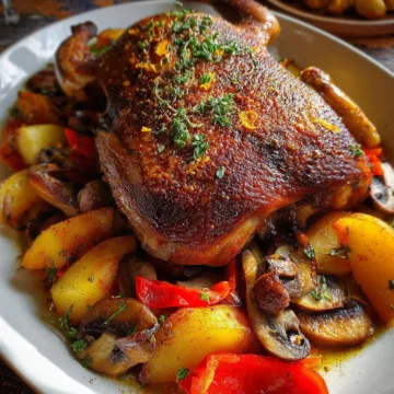 Roasted Duck with Potatoes, Peppers and Mushrooms