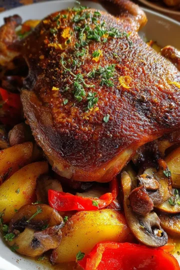 Roasted Duck with Potatoes, Peppers and Mushrooms