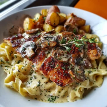 Greek Hot Honey Garlic Chicken Alfredo with Roasted Potatoes & Fig‑Balsamic Mushroom Cream