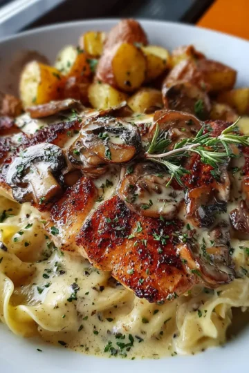 Greek Hot Honey Garlic Chicken Alfredo with Roasted Potatoes & Fig‑Balsamic Mushroom Cream