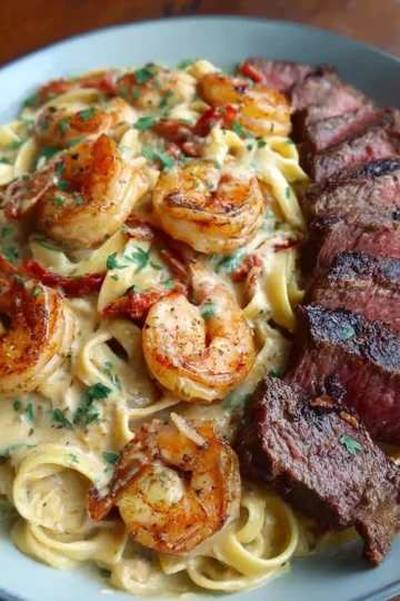 Spicy Shrimp and Steak Alfredo Delight