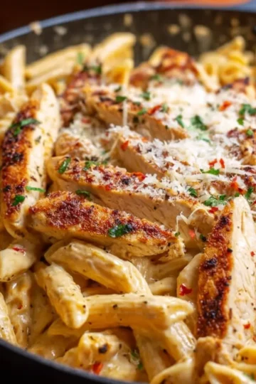 Garlic Butter Chicken Penne with Three-Cheese Alfredo Sauce
