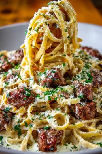 Garlic Butter Beef Linguine with Parmesan Cream