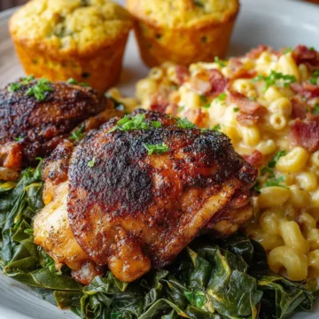 Baked Chicken Thighs with Collard Greens, Mac & Cheese & Turkey Bacon Pimento Corn Muffins