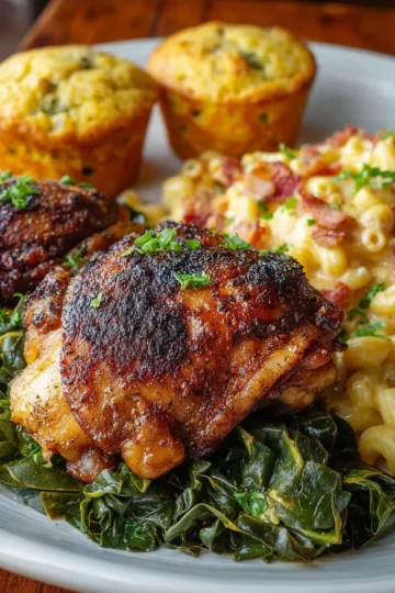 Baked Chicken Thighs with Collard Greens, Mac & Cheese & Turkey Bacon Pimento Corn Muffins