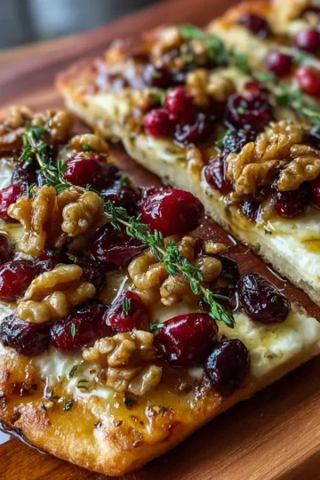 Crispy Flatbread with Brie, Cranberries & Toasted Walnuts with a Hot Honey Drizzle