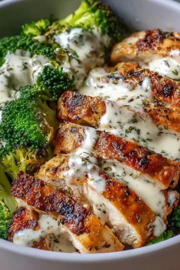 Grilled Chicken & Broccoli Bowls with Creamy Garlic Sauce