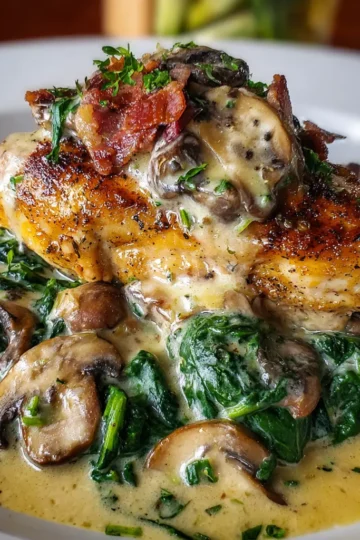 Smothered Chicken with Creamed Spinach and Mushrooms