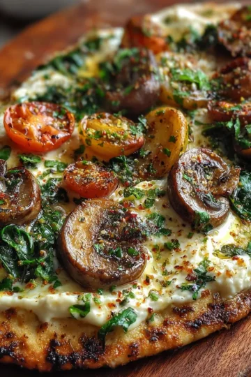 Spinach, Mushroom & Brie Flatbread with Garlic Cream