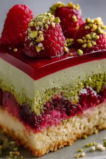 Elegant Raspberry Pistachio Mousse Cake with Almond Sponge and Glossy Berry Glaze 🍓🥜