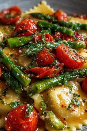 Ravioli with Tomatoes, Asparagus, Garlic, and Herbs