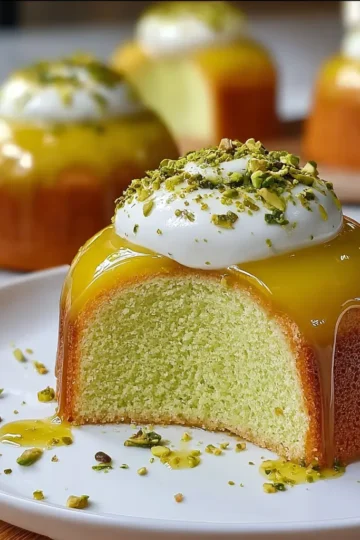 Elegant Pistachio Sponge Cakes with Meyer Lemon Mousse and Glossy Citrus Mirror Glaze