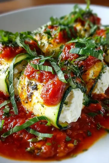 Creamy Burrata Stuffed Zucchini Rolls with Tomato Glaze
