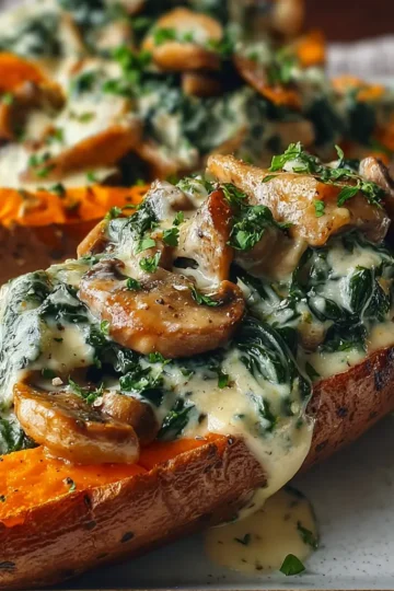 Creamy Mushroom Spinach Sweet Potato Boats