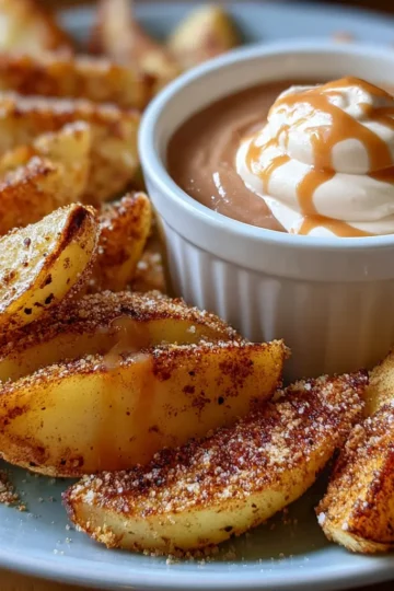 Air Fried Apple Wedges with Caramel Whipped Cream Dipping Sauce
