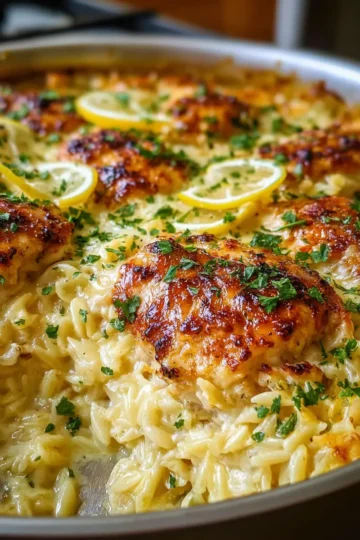 Creamy Lemon Chicken Orzo Bake