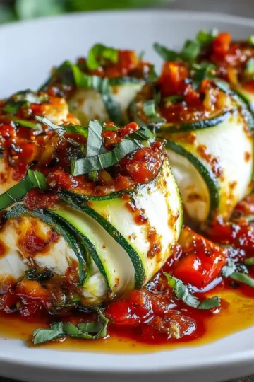 Creamy Burrata Stuffed Zucchini Rolls with Tomato Glaze
