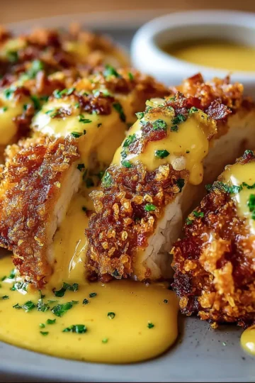 Pretzel Chicken with Mustard-Cheddar Sauce