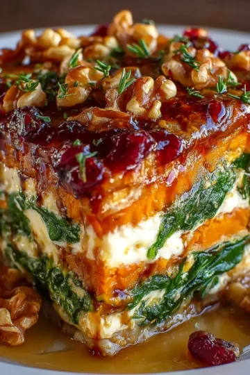 Layered Sweet Potato, Spinach & Ricotta Lasagna with Walnuts & Cranberry Honey Sauce